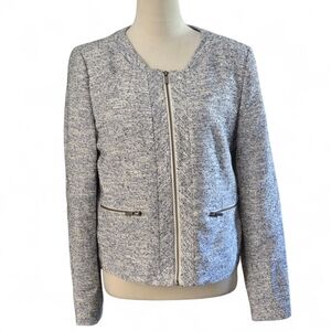 Halogen Women's L Textured Blue & White Bouclé Tweed Blazer Jacket Full Zip